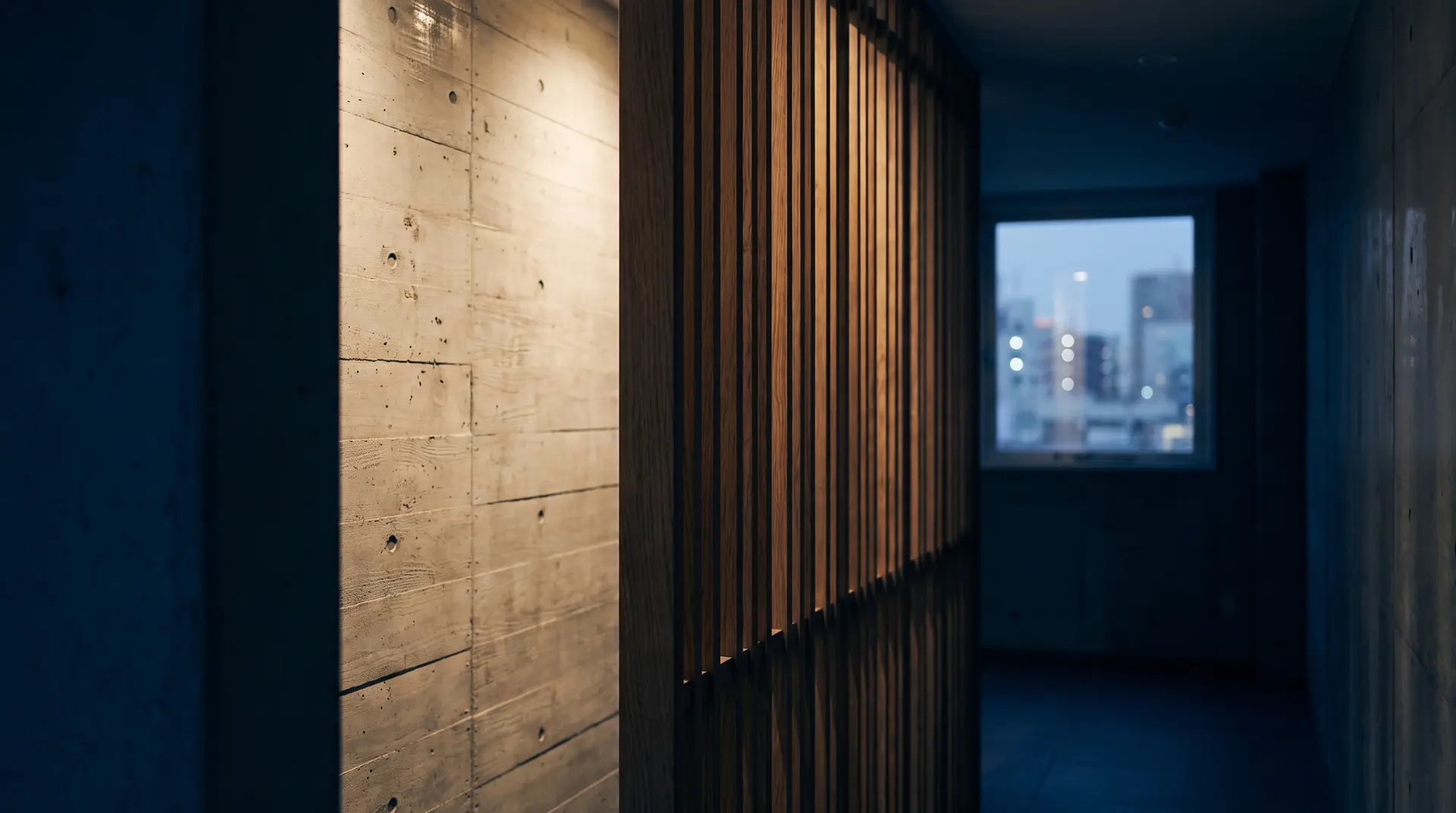 Board-formed concrete and a timber slat screen at dusk, Tokyo skyline in the window