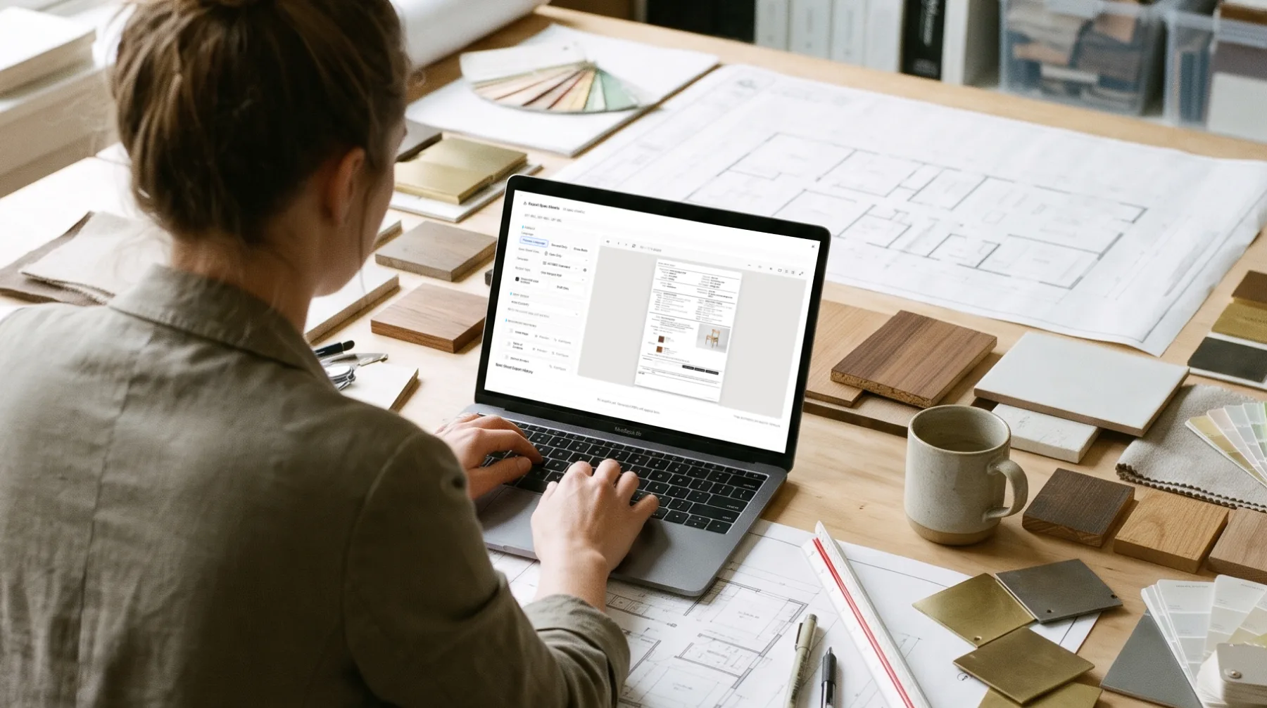 An interior designer working on a spec sheet export in INTEBEE, surrounded by material samples and floor plans